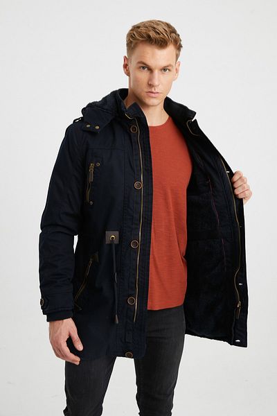 DYNAMO Ανδρικό παλτό Navy Blue Large Size με ψεύτικη γούνα με αδιάβροχη επένδυση