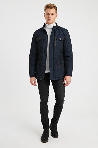 DYNAMO Ανδρικό παλτό με ψεύτικη γούνα Navy Blue με αδιάβροχη επένδυση