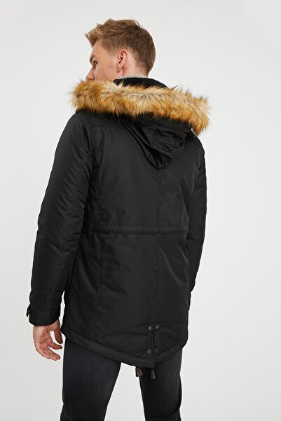 DYNAMO Ανδρικό αδιάβροχο χοντρό παλτό με μαύρη κουκούλα με γούνα