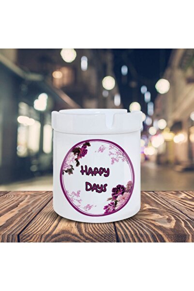 Genel Markalar Mor Çiçeklerle Happy Days Yazı Baskılı Küllük Kül Tablası -3014