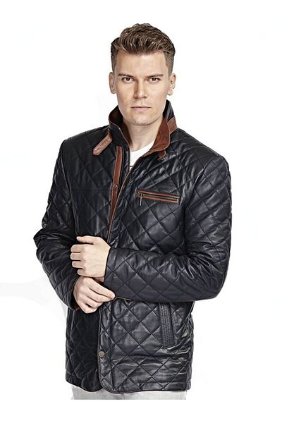Hodore Men's Navy Blue Bothe Leather Coat