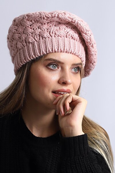 Deafox Pudra Rengi Örgü Ressam Kadın Bere