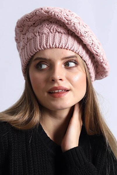 Deafox Pudra Rengi Örgü Ressam Kadın Bere