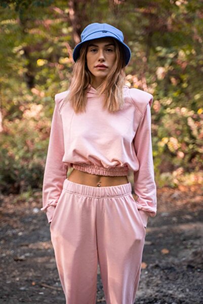 gothamvibes Kadın Vatkalı Kapşonlu Pembe Kısa Sweatshirt