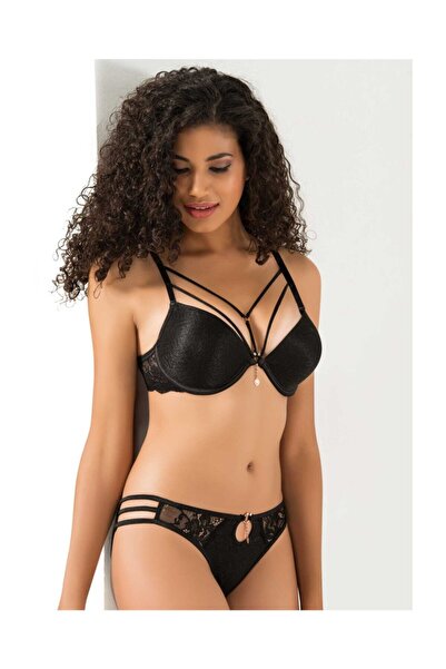 Le Jardin Γυναικείο Σετ σουτιέν 3 τεμαχίων από μαύρη σιλικόνη, πέτρα και ασημί χωρίς αυτιά