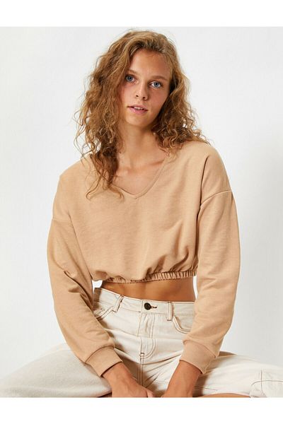 Koton Dámska mikina Ecru Crop s výstrihom do V