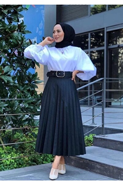 Modastilbutik تنورة جلدية مطوي-أسود
