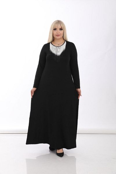 Şirin Butik Γυναικείο Μαύρο Φόρεμα Βισκόζης με Λεπτομέρεια Φούντα Plus Size