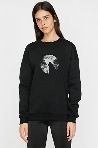 QIVI Чорний жіночий трикотажний светр з довгими рукавами та принтом «Вовчий м...