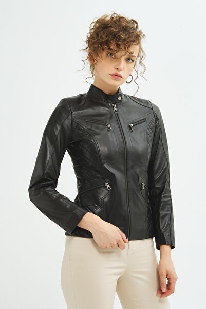 İkbal Kadın Siyah Hakiki Deri Mont