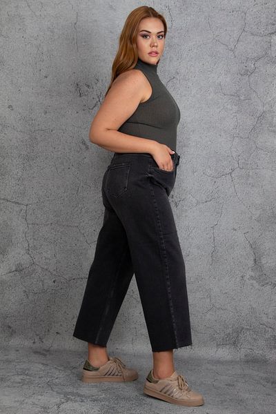 Şans Women's Large Size Anthracite Leg Dirty Stitching Ankle Length Jeans 65n18705