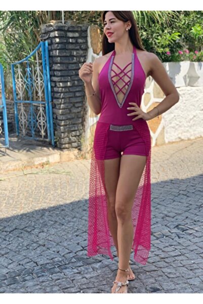 KAYAHAN COLLECTION Kadın Göğüs Dekolteli Fantazi Arkası Dantel Kuyruklu Tulum