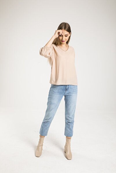 Too MOOD Kadın Bej Dantelli Krinkıl Bluz