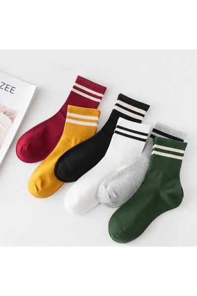 çorapmanya Kadın 6' Lı Karışık Renkli Çizgili Kolej Tenis Çorabı