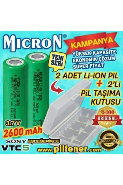 Micron 18650 3.7v 2600 Mah Lityum Mıcron Pil 2 Adet Pls. Taşıma Kutusu