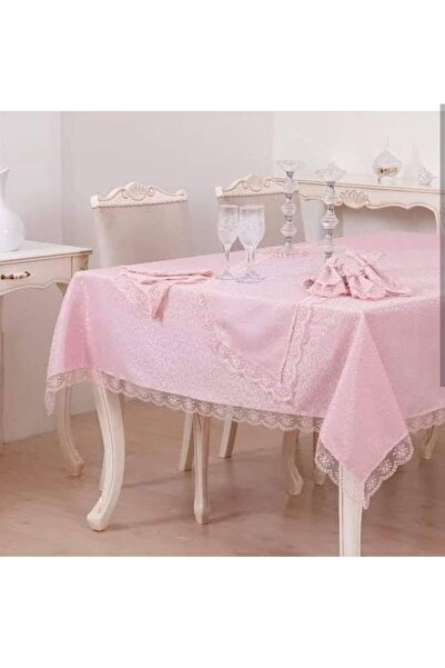 Köşem Çeyiz Fransız Güpürlü Kdk Kumaş Yemek Masası Takımı Pudra 18 Parça Runn...