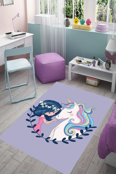on the clouds Unicorn Desenli Dijital Baskılı Kaymaz Taban Çocuk Odası Halısı