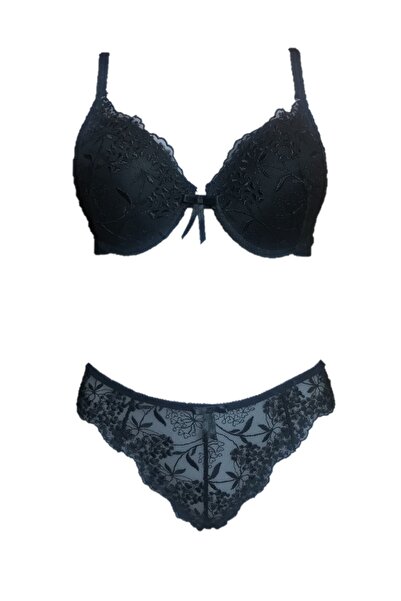 Belladonna Жіночий чорний бюстгальтер з мереживною підкладкою та стрінгами