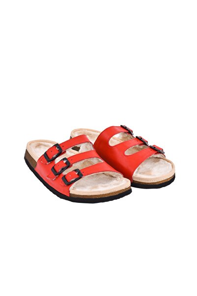 Moosefield Red Genuine Leather Furry Women's Slippers