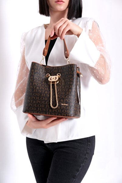 Just Polo حقيبة يد وكتف نسائية ذات لون بني داكن مكونة من قسمين مع تفاصيل مشبك