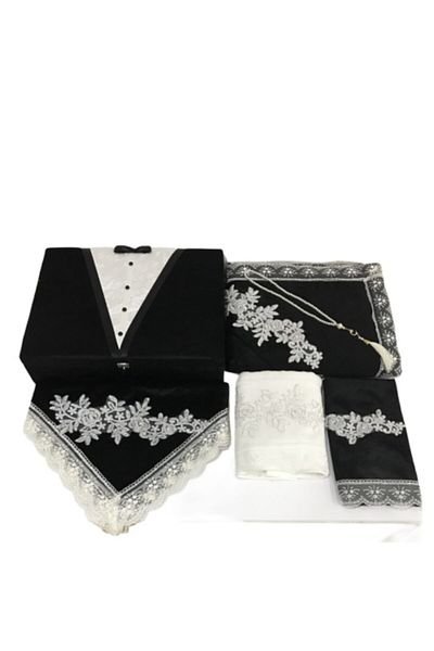 Lamazihome Black Groom Figured Velvet Prayer Rug Set with Storage Bundle Set Towels Dowry Set 6 Pieces