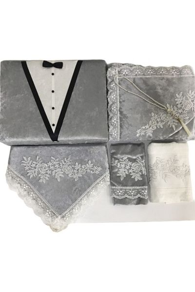 Lamazihome Gray Groom Figured Velvet Prayer Rug Set with Storage Bundle Set Towels Dowry Set 6 Pieces