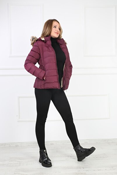 B&T Palton elegant pentru femei, de culoare violet, cu glugă detașabilă și blană