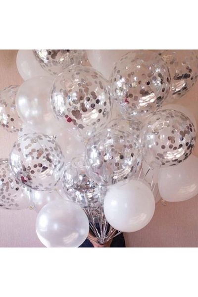 Deniz Party Store Silver Confetti Transparent Metallic White Balloon Set 20 Balloons