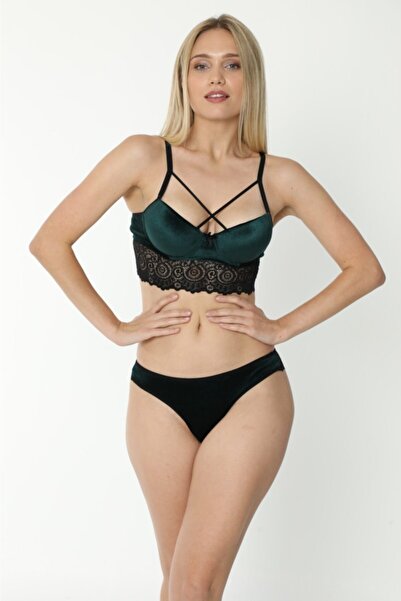 Gümüş İnci Kadın Yeşil Çapraz İpli Destekli Kadife Sütyen Takımı