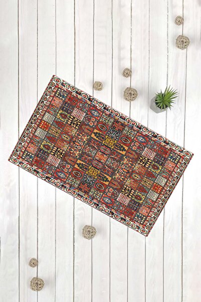 Evsebu Rengarenk Desen Mini Kareler Kaymaz Tabanlı Dekoratif Kilim