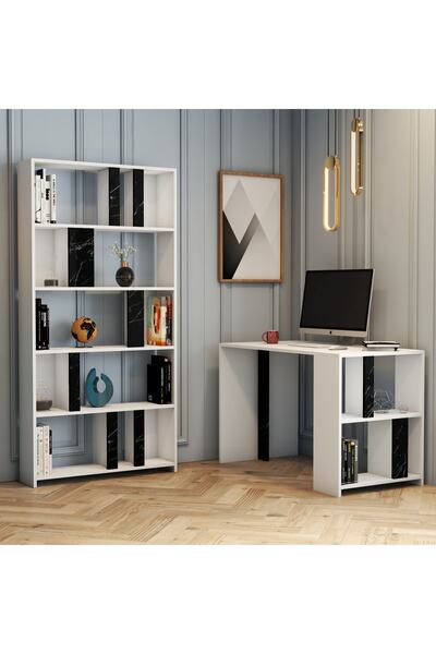 Variant Mobilya Lima Çalışma Masası Ve Kitaplık Takımı - Beyaz / Siyah Mermer
