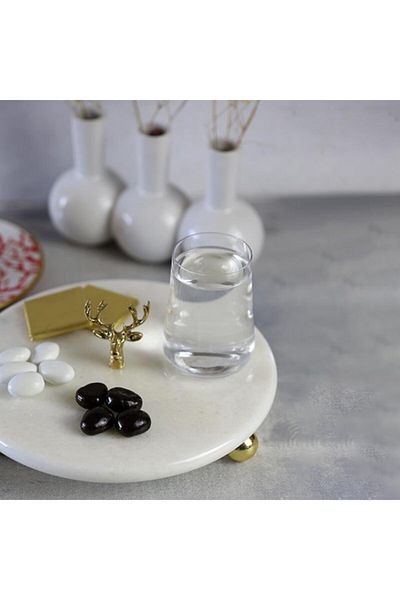 Akayev Marble 20 cm White Gold Bead Footed Deer Presentation Plate