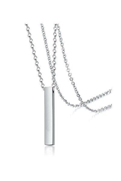 TREND COLLECTİON Uzun Bar Erkek Dikdörtgen Gümüş Çelik Kolye 70cm