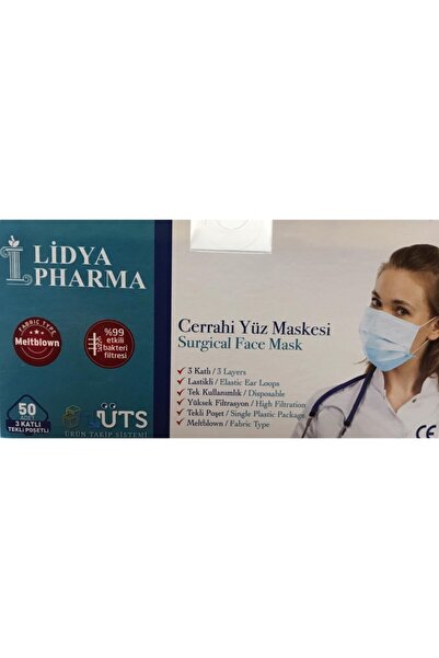 Lidya Pharma Cerrahi Maske Tek Tek Steril Poşetli Telli 3 Katlı 50 Adet Mavi