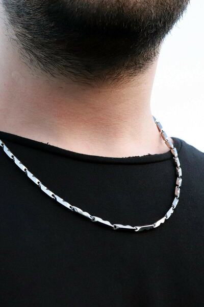 TREND COLLECTİON Erkek Gri Desenli Çelik Zincir Kolye
