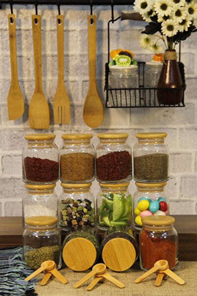 İLİVA Bambu Kapaklı 300 Ml 12 Adet Cam Kavanoz Ve 12 Adet Mini Baharat Kaşığı - 24 Parça Baharatlık Seti