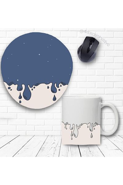 4k tasarım Blue Designed Mug Cup and Wrist Support Mouse Pad Set