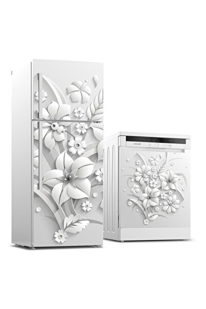 StickerArt Buzdolabı Ve Bulaşık Makinası Beyaz Eşya Sticker Kaplama Gri Çiçekler