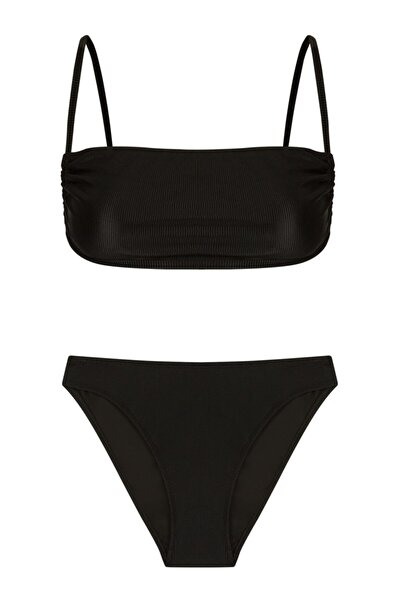 AQUELLA Kare Yaka Yanı Büzgülü Siyah Dokulu Bikini Takım