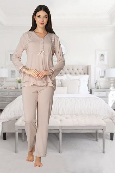 Effort Pijama Γυναικείο Σετ Πιτζάμες Μητρότητας Μακρυμάνικο Γαλακτοκομικό Καφέ