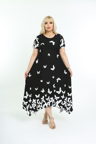 ŞENZADE Women's Asymmetrical Cut Butterfly Pattern Short Sleeve Plus Size Dress