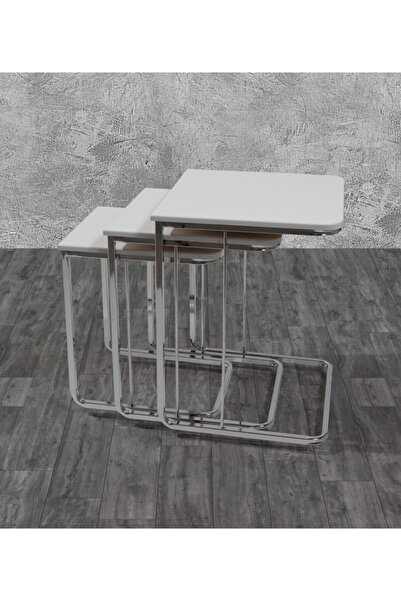 Veys Sehpa 3 Lü Vegas Zigon Sehpa Beyaz - Nikel Ayak