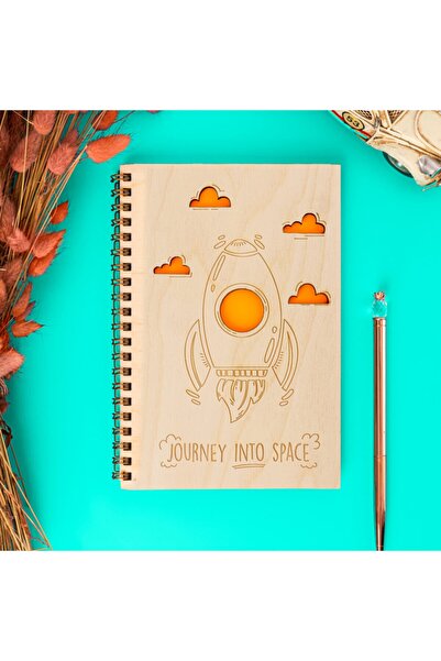 Hediyesepeti Caiet cu copertă din lemn cu design distractiv de călătorie în spațiu - Blocnotes 48 coli