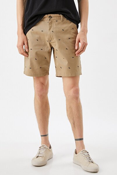 Koton Men's Ecru Belted Cotton Printed Short Shorts