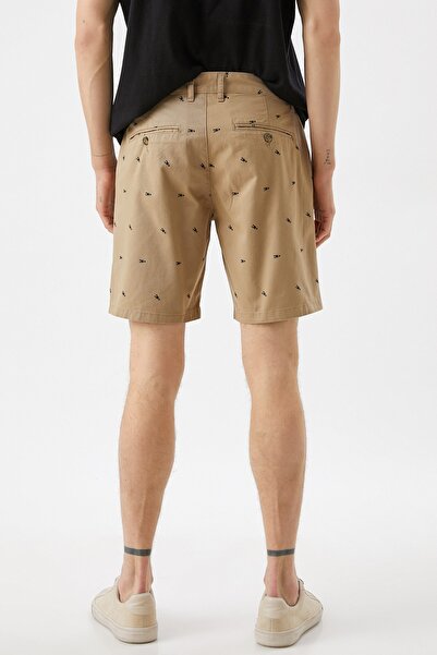 Koton Men's Ecru Belted Cotton Printed Short Shorts