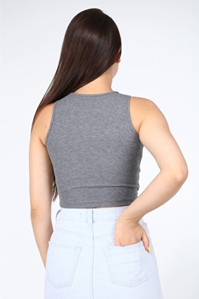 AFŞAR MODA Women's Gray Blue Strappy 2-Pack Crop Knitted Blouse