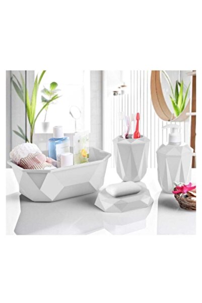 EbruliHomeArt Beyaz Prizma 4'lü Banyo Seti