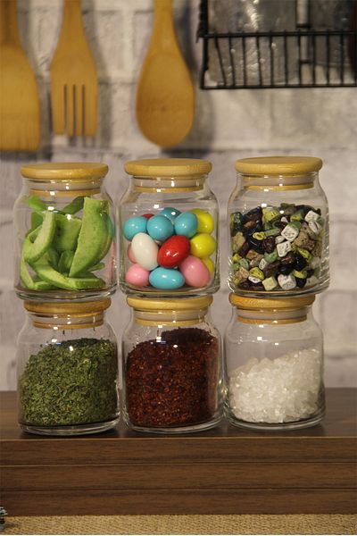 İLİVA 6 Pieces 300 Ml Bamboo Lid Jar Spice Rack Set Glass Jar Spice Set