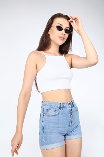 AFŞAR MODA Women's White Basic Rope Strap Crop Top