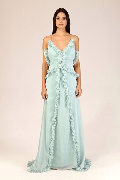 TARA COŞKUNTUNCEL Mint Sırtı Açık Fırfırlı Elbise